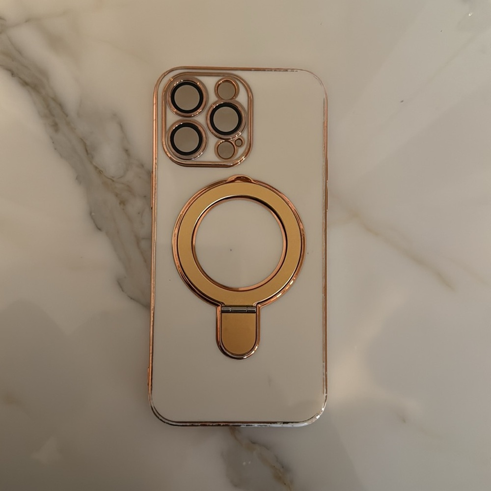 Gold and White iPhone 14 Pro Max Phone Case with Ring Holder MagSafe - Picture 4 of 10